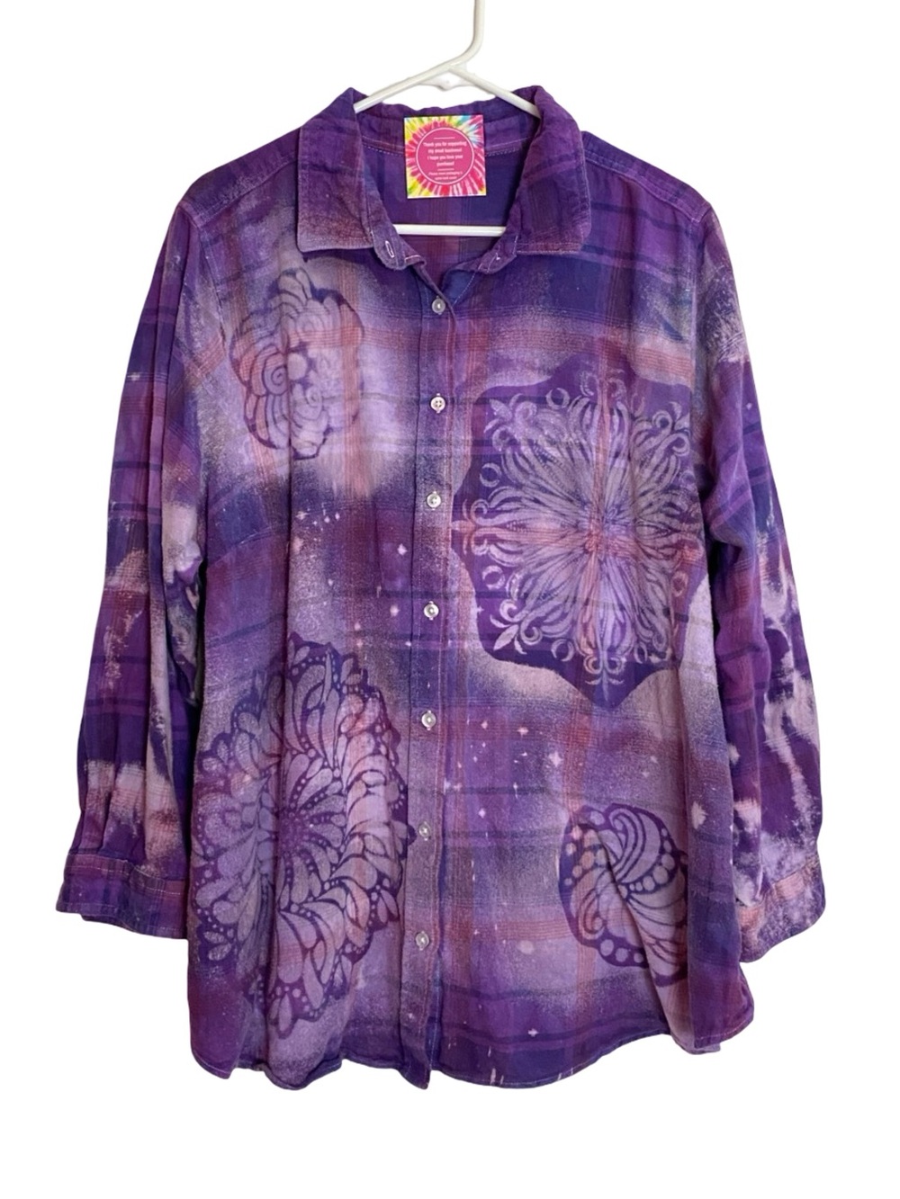 Handmade Floral Flannel Shirt Plaid Button Down Womens Size XXL Purple Bleached